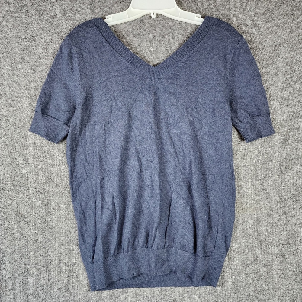 Ann Taylor Sweater Womens M Merino Wool Short Sleeve V-Neck Navy EUC